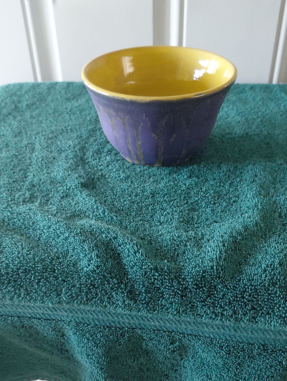 Handmade Ceramic Bowl - Yellow Interior, Purple Exterior